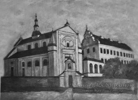Луцьк. Архітектурний комплекс конвенту після перебудови 19 ст. Зображення на стіні ризниці луцької латинської кафедри. 